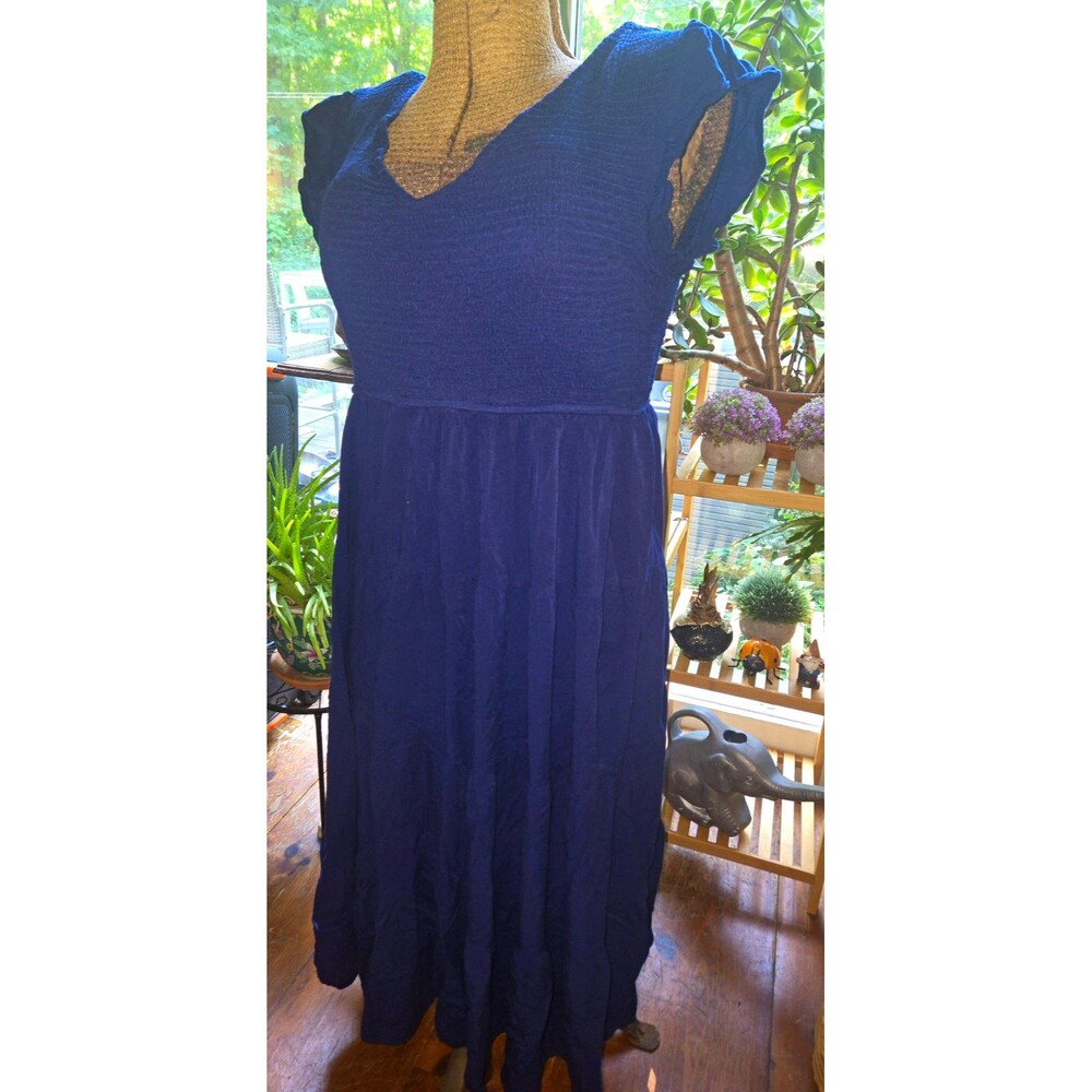 PrettyGarden Blue Solid Smocked V-Neck Flutter Sleeve Midi A-Line Dress XL